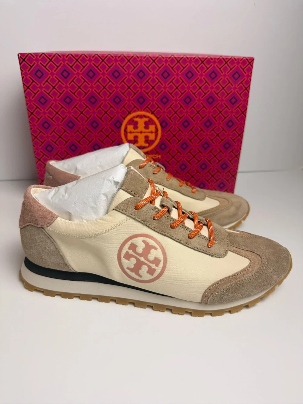 Tory Burch Annie Nylon Runner Sneakers New Cream Noisette Malva Suede US 9